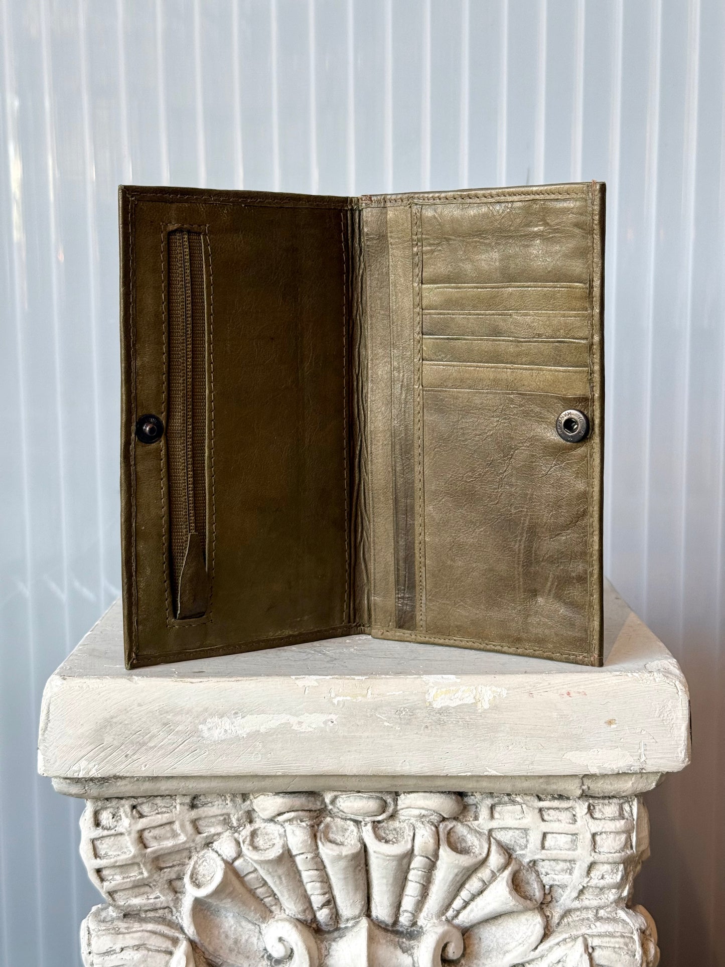 Olive Green Leather Floral Bi Fold Snap Wallet