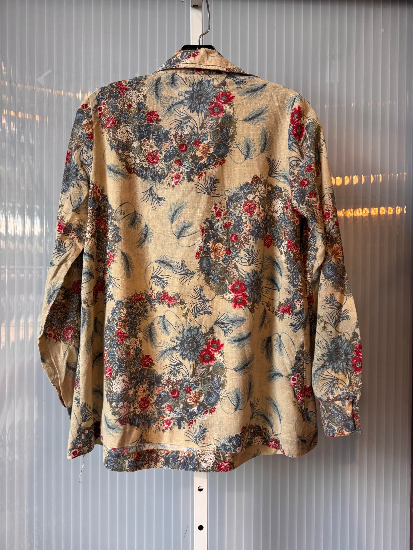 1970s Taupe & Blue Floral Maternity Blouse