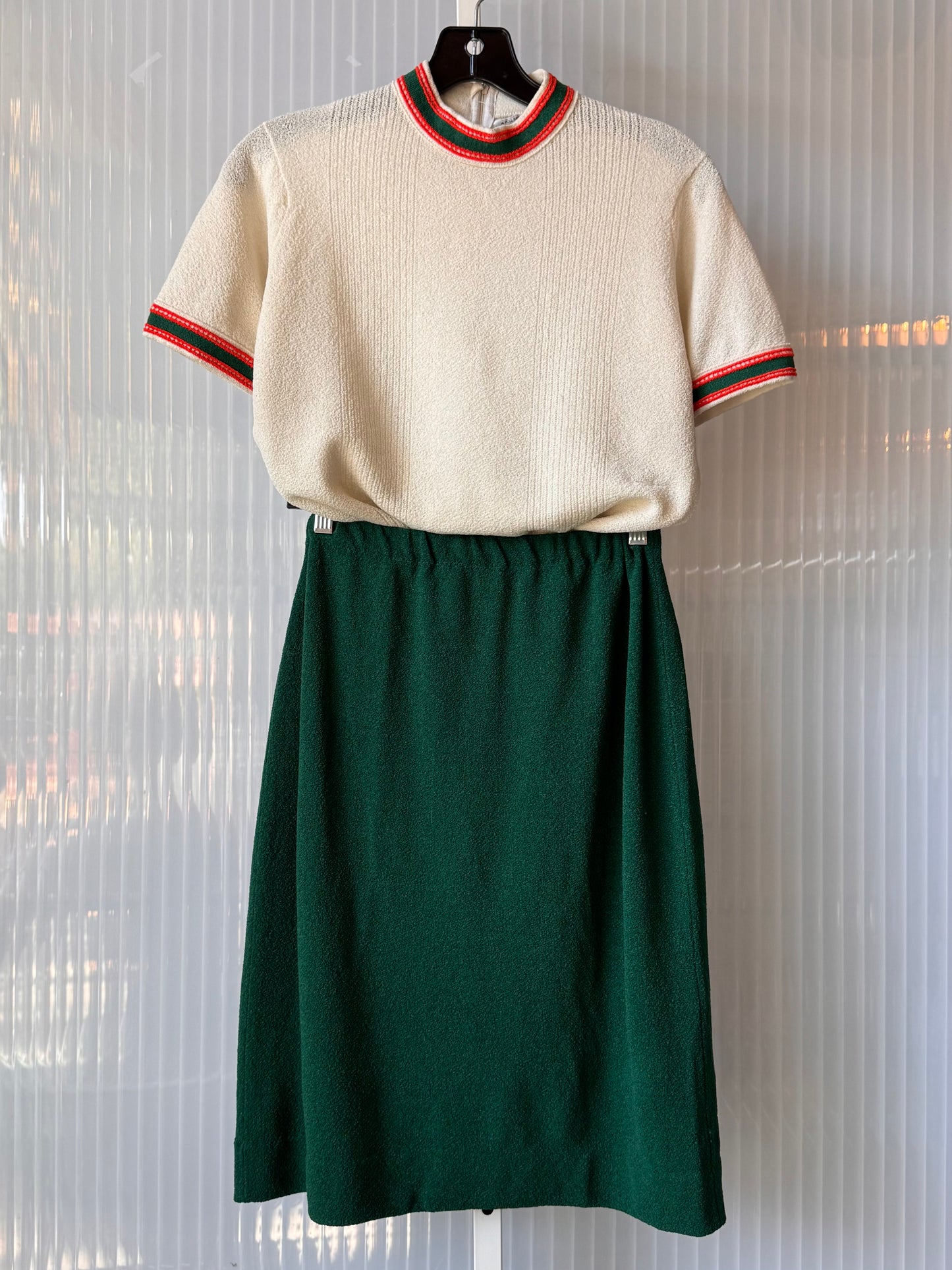 1970s Cream & Green Polyknit Top & Skirt Set
