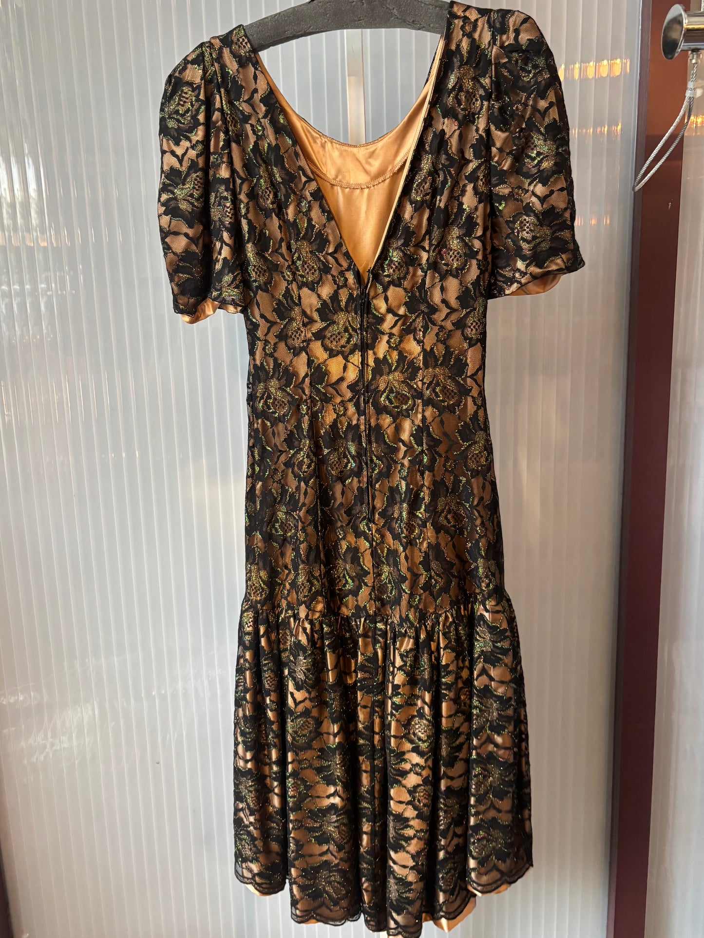 1980s Gold w/ Black & Green Lace Drop Waist Dress