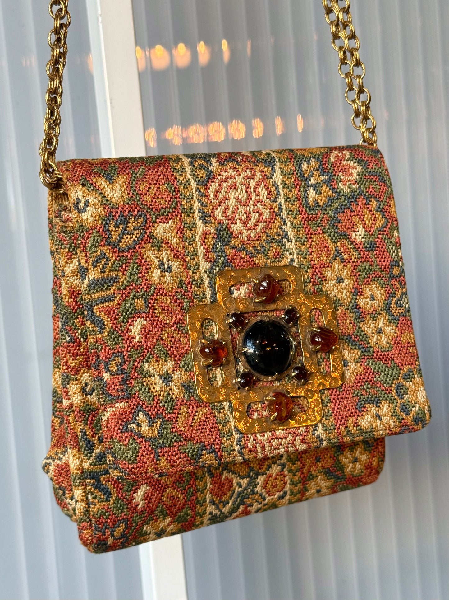 Tapestry Handbag w/ Gold & Stone Embellishment