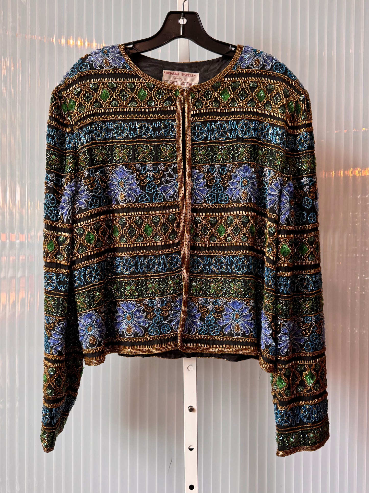 1990s Blue Gold & Green Floral Beaded Silk Evening Jacket