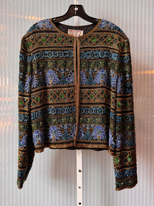1990s Blue Gold & Green Floral Beaded Silk Evening Jacket