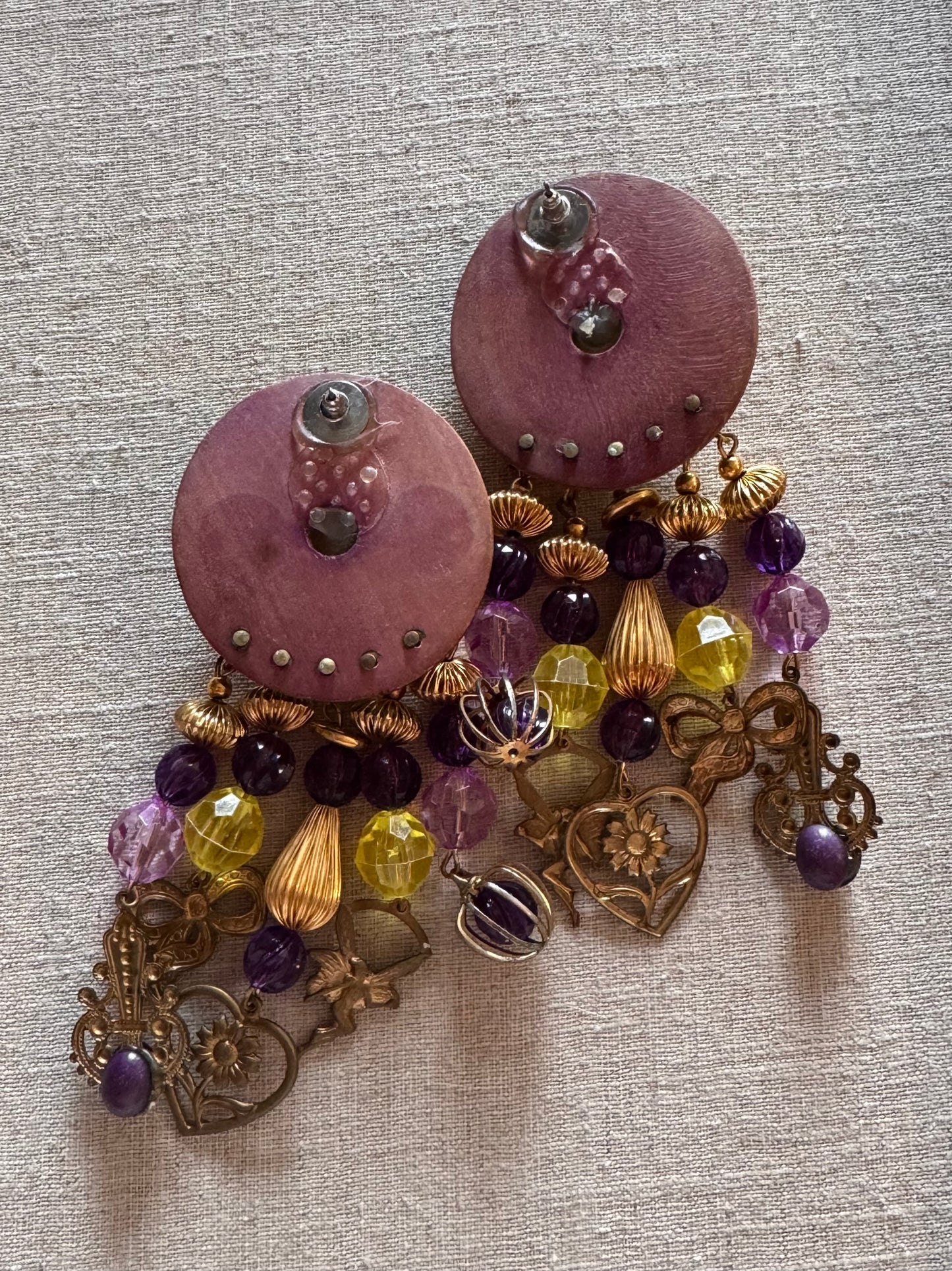 1980s Gold and Purple Chunky Earrings