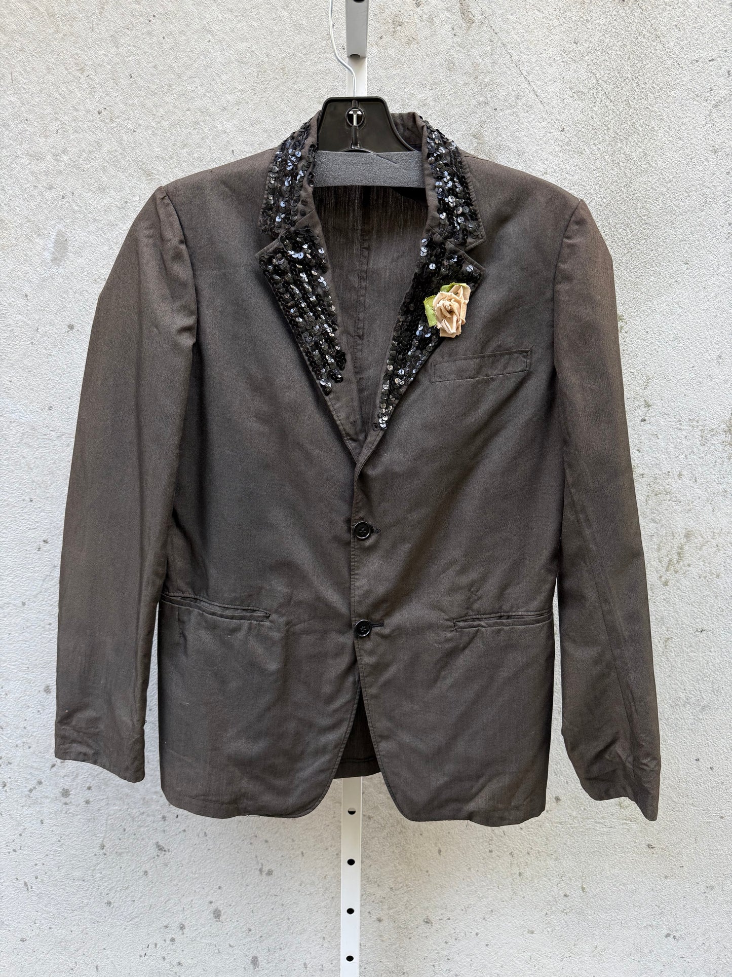 Charcoal Blazer with Sequin Lapel and Flower