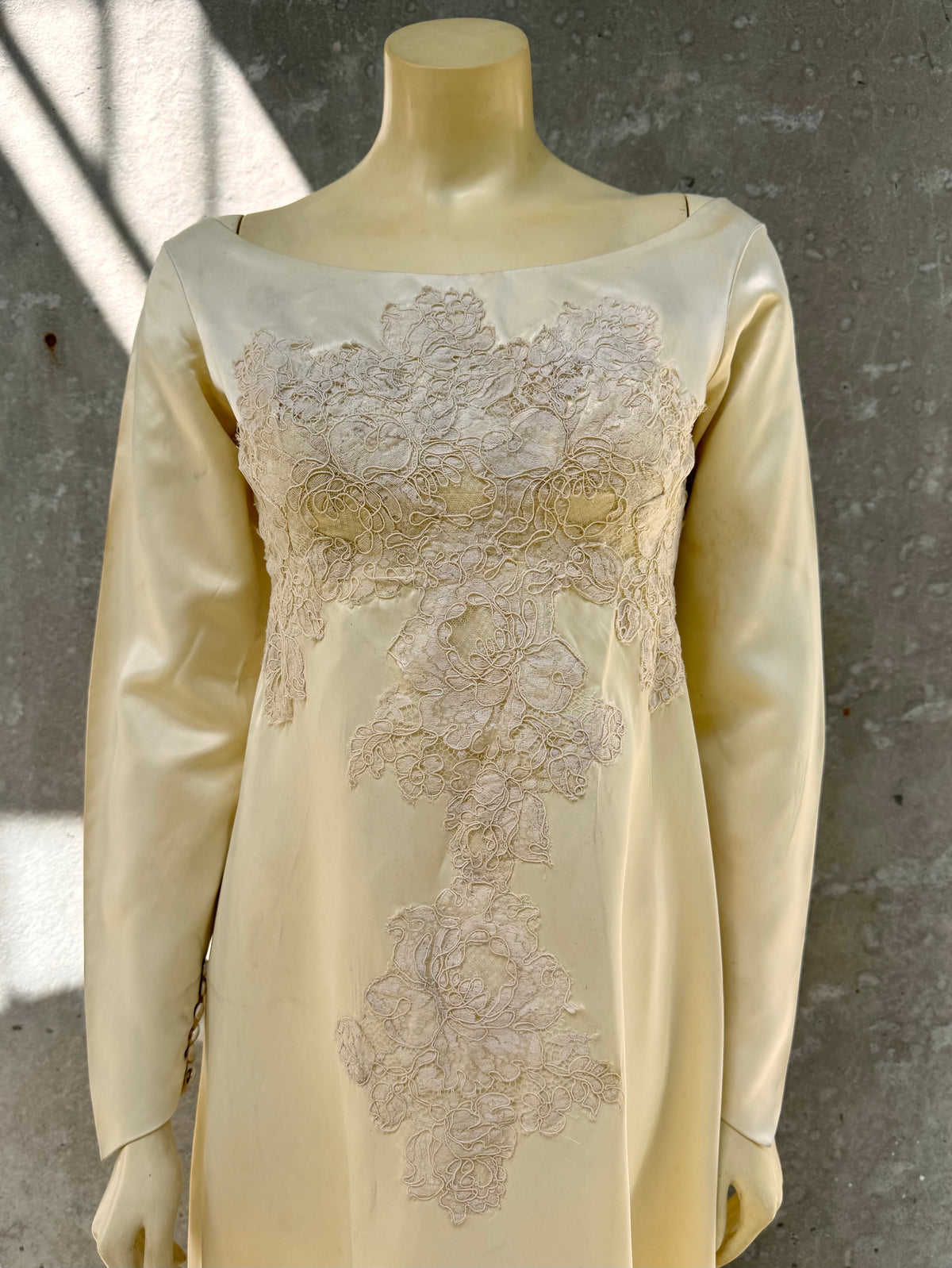 Late 1960s / Early 1970s Cream Satin & Lace Wedding Dress