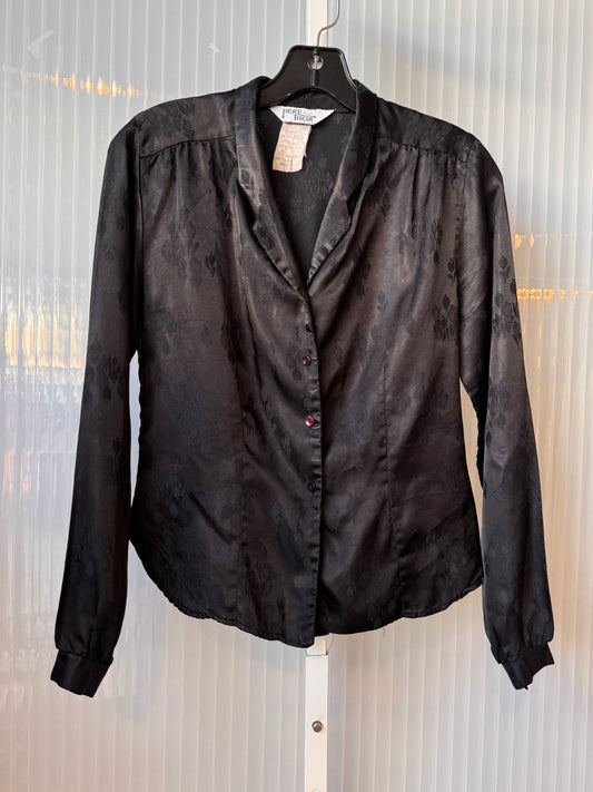 1980s Black Satin Jacquard Tulip Print Blouse