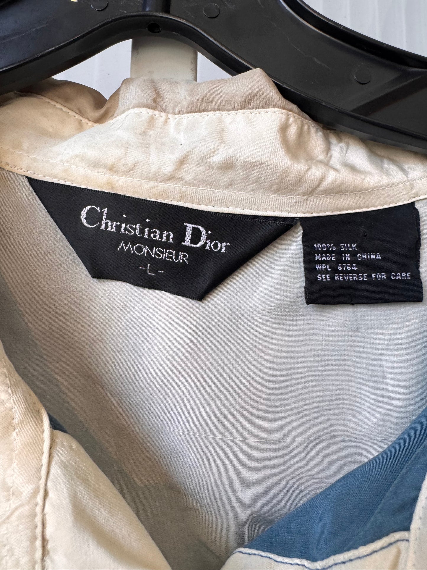 1980s Dior 100% Silk Blue & Gray Striped Collared Shirt