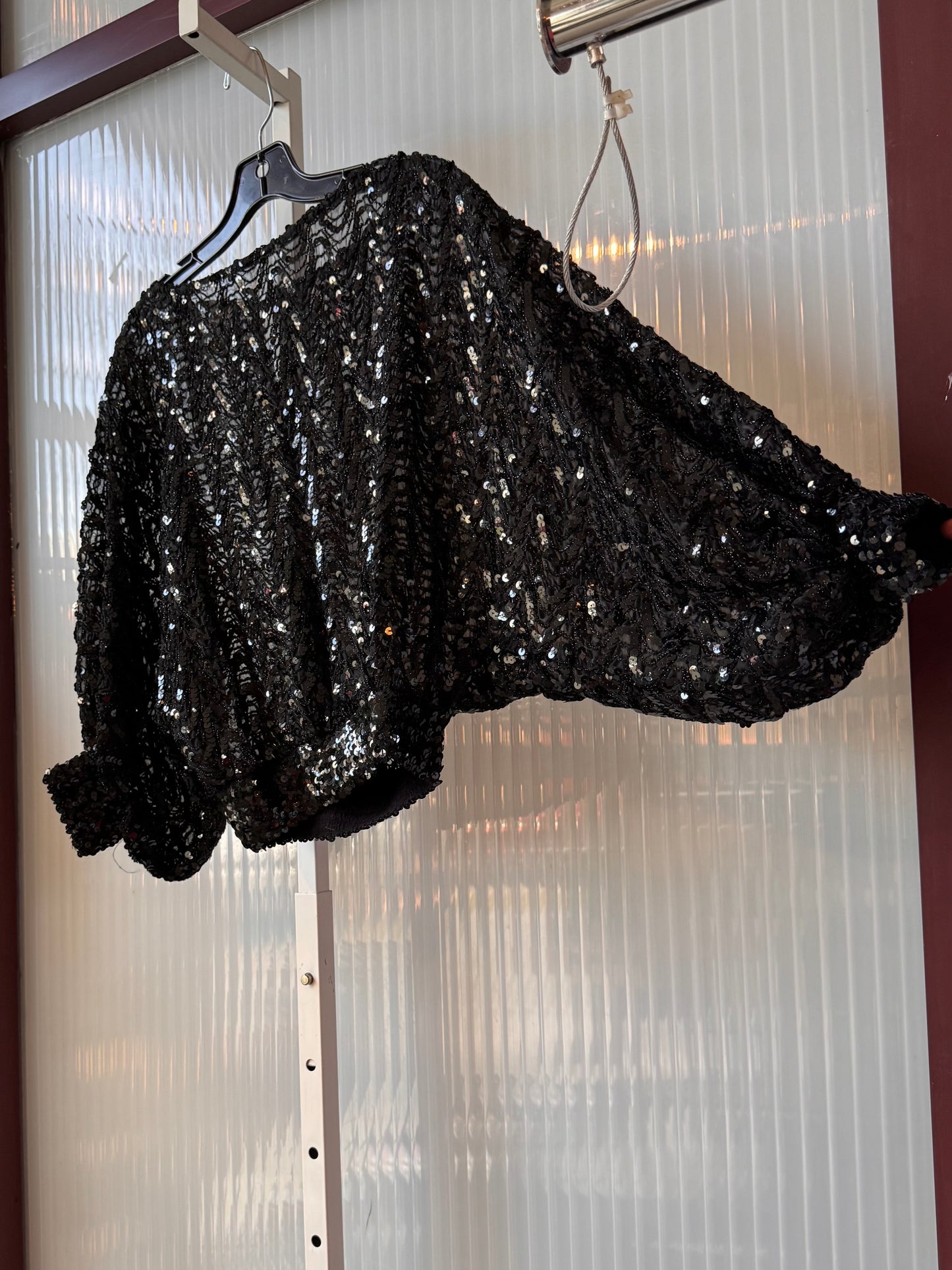 1970s Black Sheer Sequin Long-Sleeve Disco Blouse