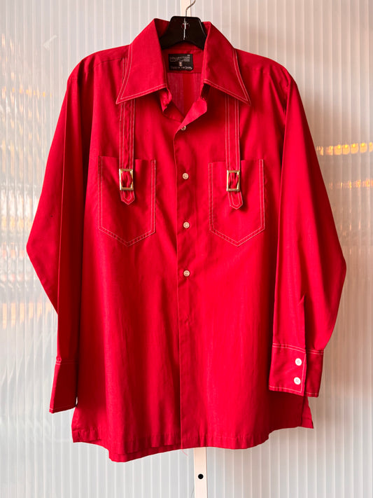 1970s Fruit of the Loom Red Button-Up Buckle Shirt
