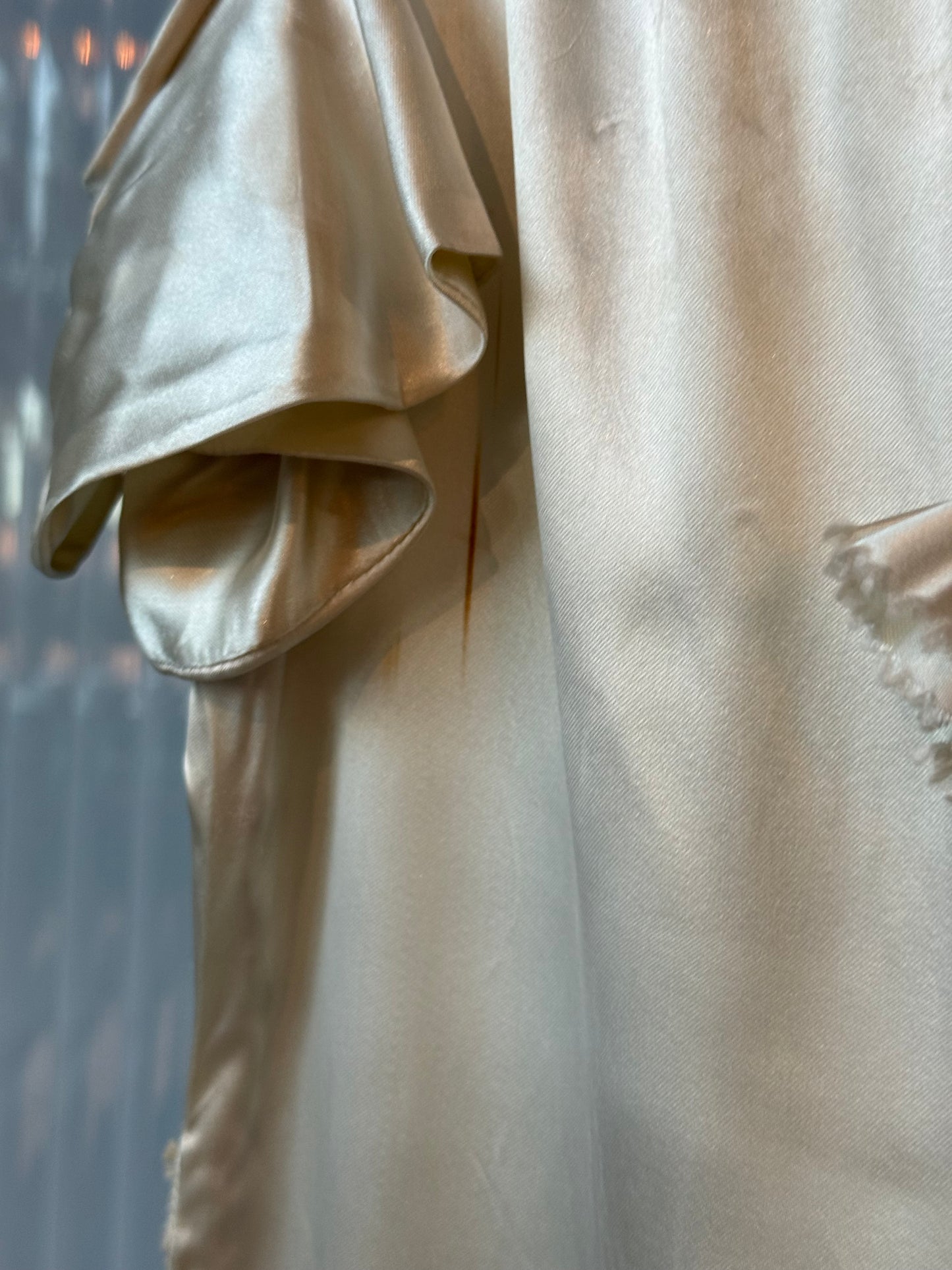 1930s Cream Silk Gown w/ Drop Waist Ruffle & Off-Shoulder sleeves.