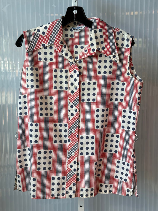 1960s Red, White, & Blue Button-Up Sleeveless Point-Collar Blouse