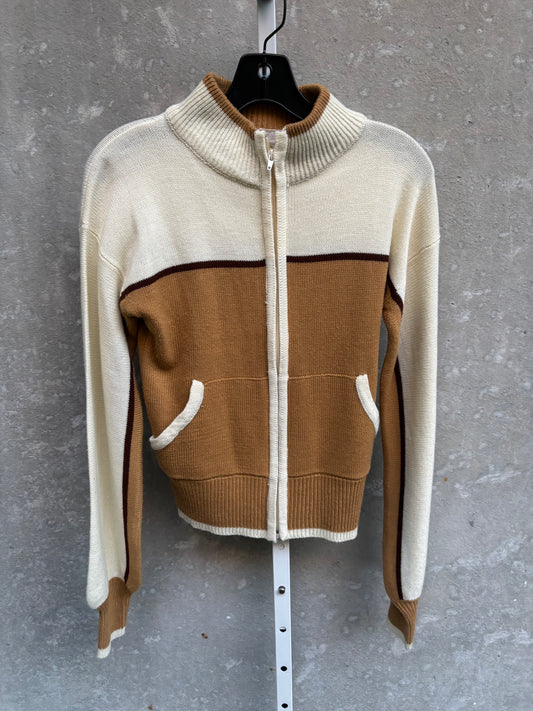 1970s Knit Camel & Cream Zip-Up Sweater