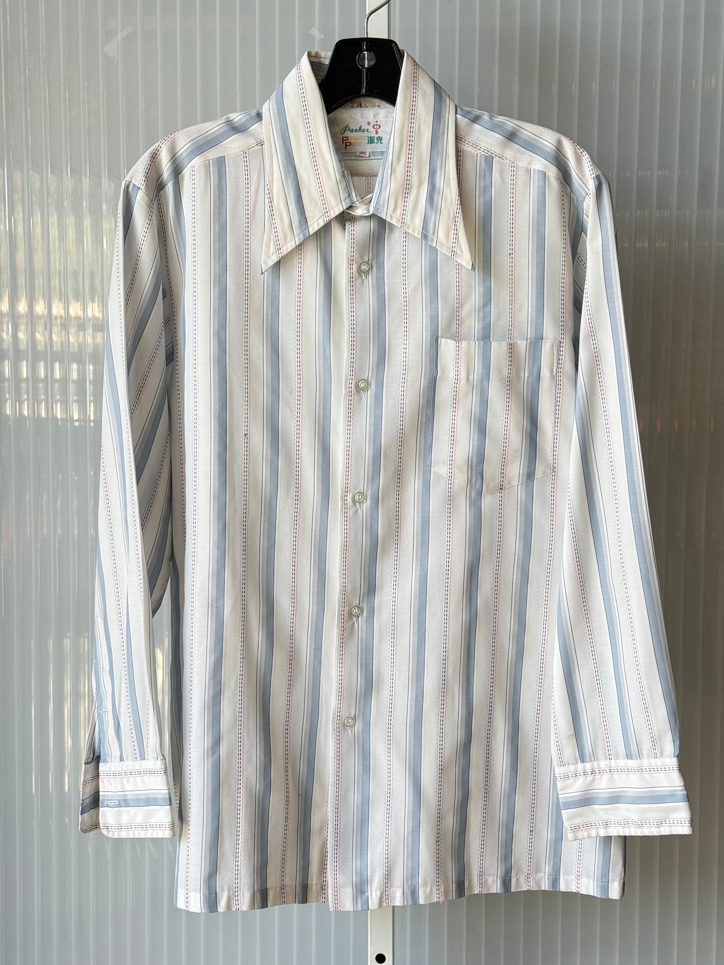 1970s Blue Striped Point Collar Button Up Shirt