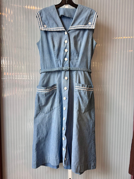 1980s does 1940s Blue Chambray Sailor Dress