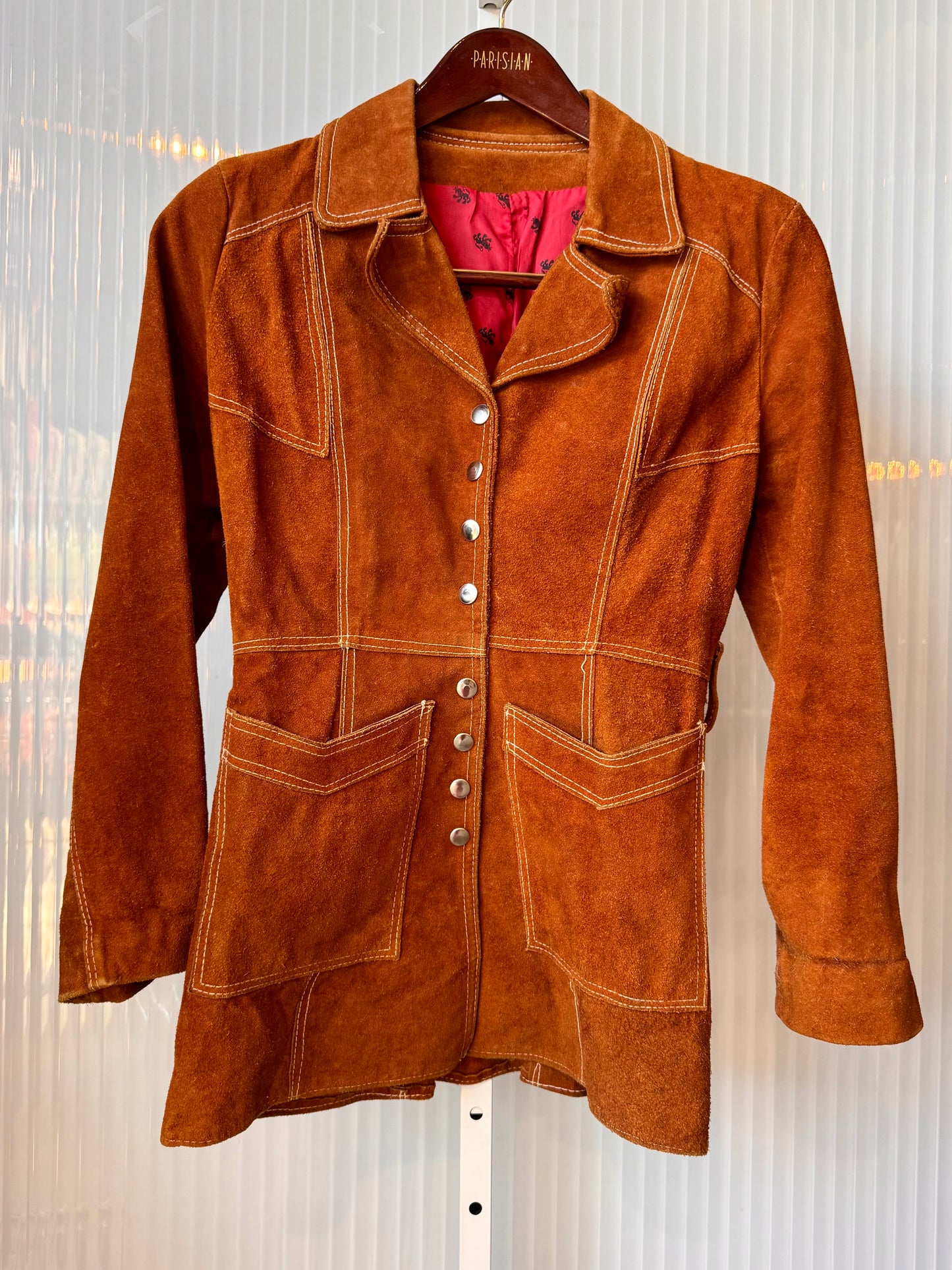 1970s Brown Suede Snap Button Jacket with White Overstitch