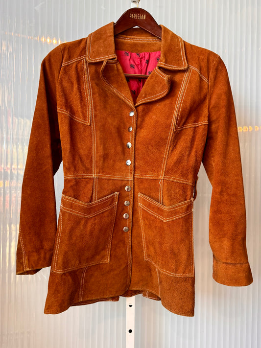 1970s Brown Suede Snap Button Jacket with White Overstitch