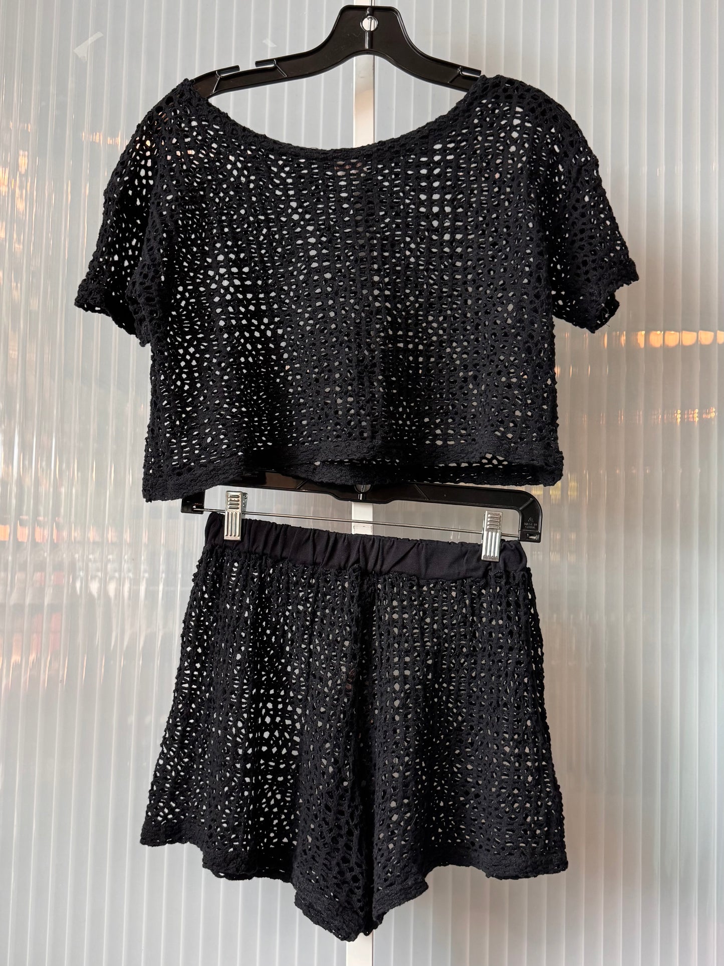 1980s Black Mesh Swim Cover-up / Loungewear Top & Shorts Set