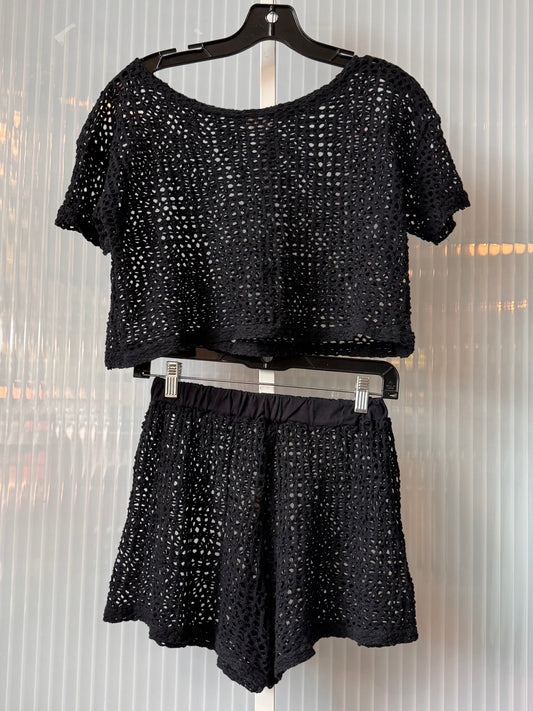 1980s Black Mesh Swim Cover-up / Loungewear Top & Shorts Set