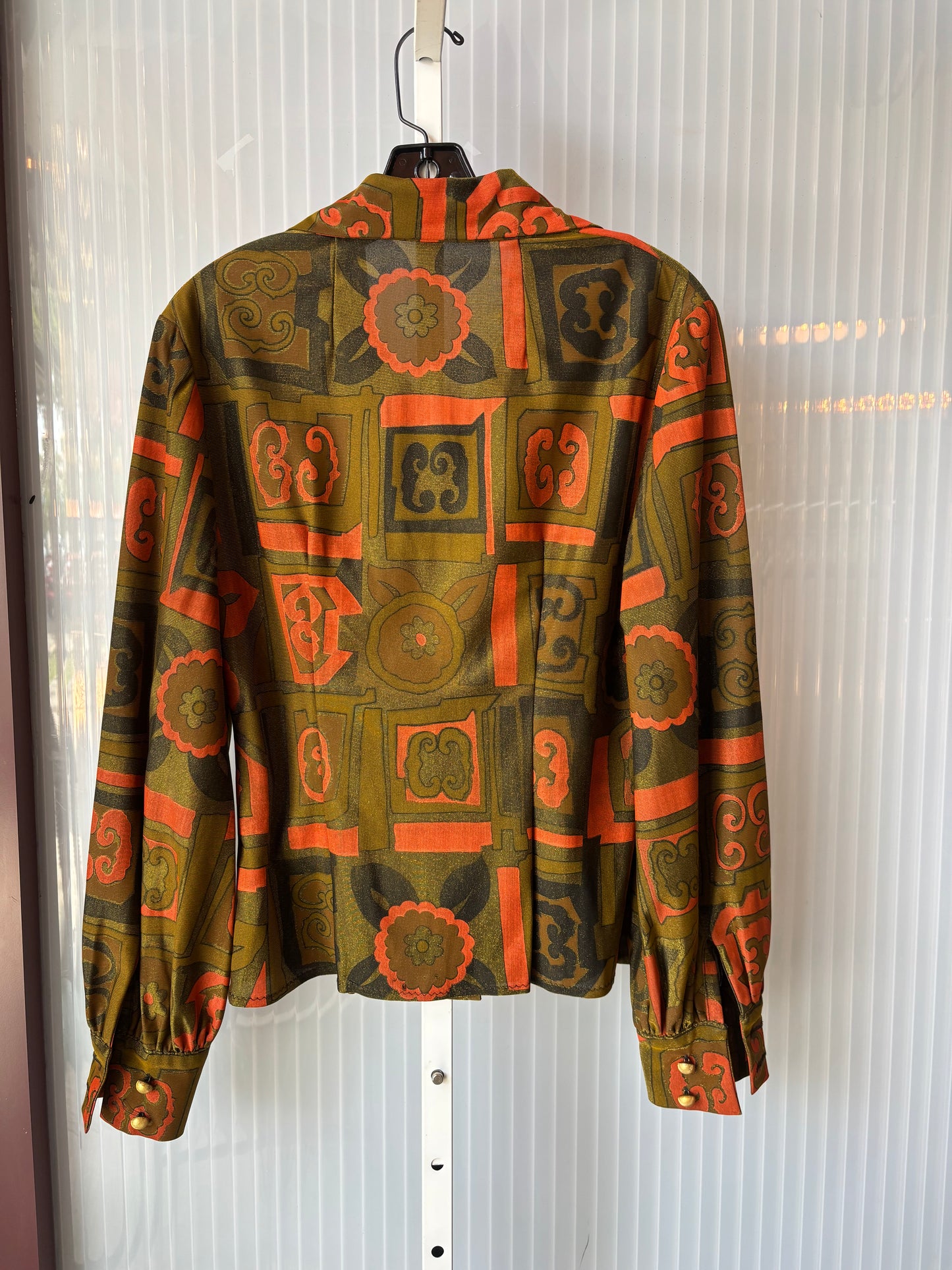 1970s Shimmering Multicolor Geometric Patterned Blouse and Skirt Set