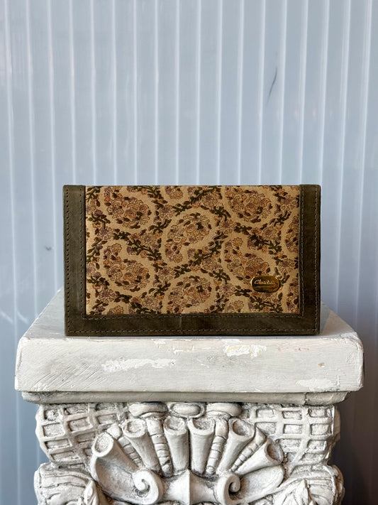 Olive Green Leather Floral Bi Fold Snap Wallet