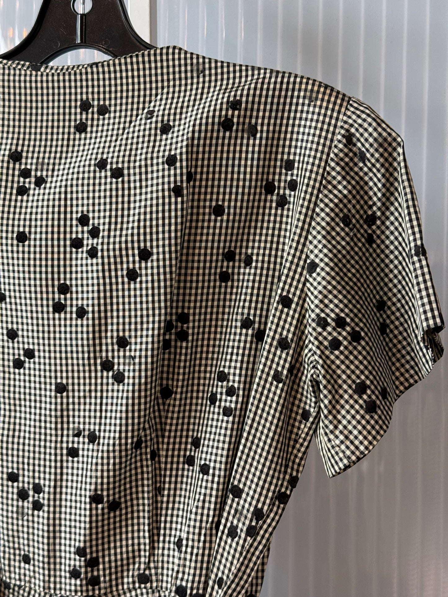 1950s Black Polka Dot Gingham Dress w/ Velvet & Rhinestone Accents