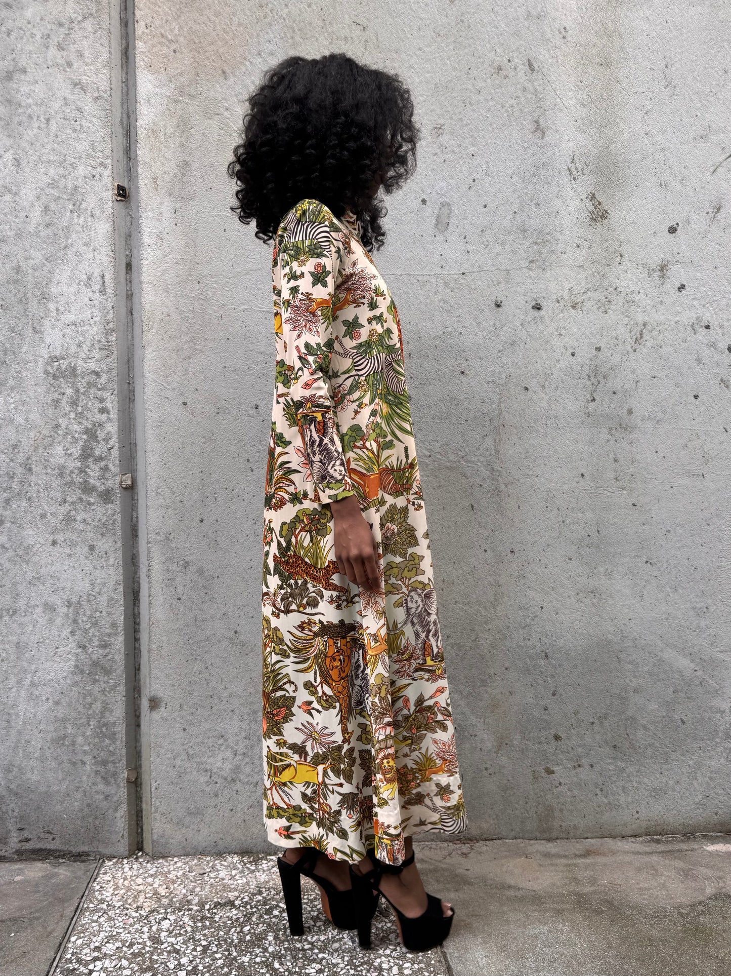 1970s Safari Print Zipup Loungewear Dress