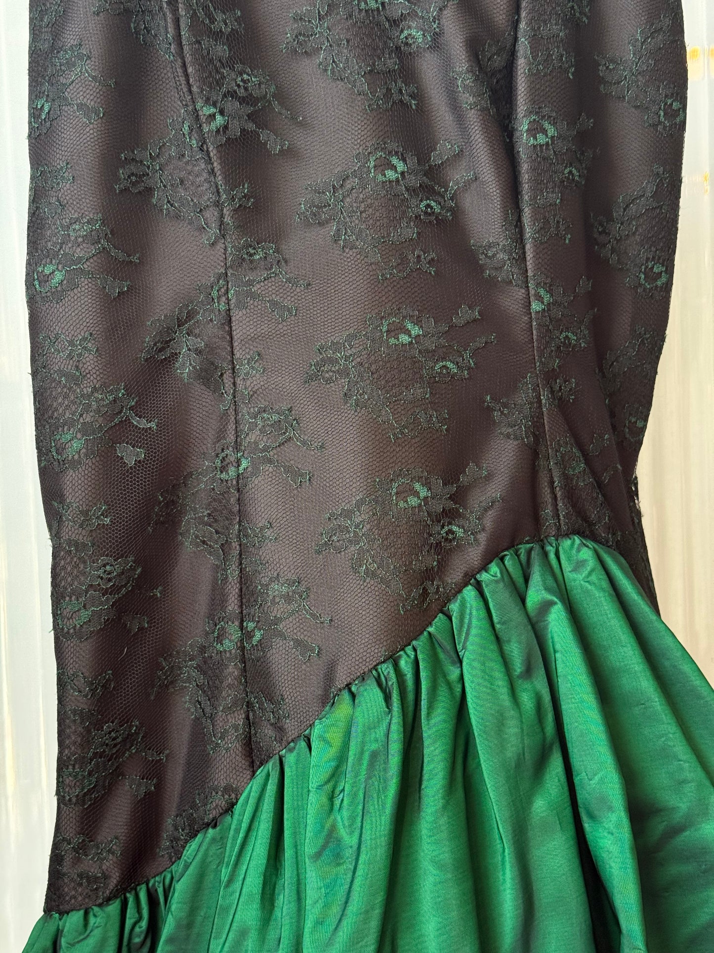 1980s Style Black Prom Dress w/ Emerald Satin Ruffles & Lace