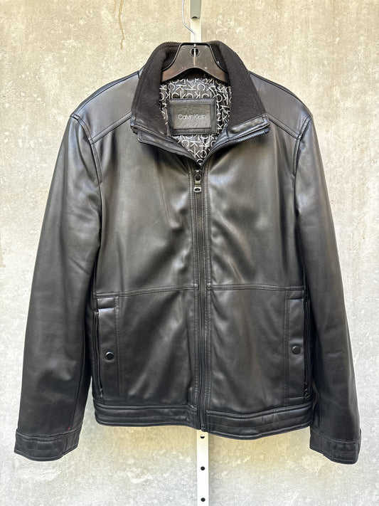 Calvin Klein Faux Black Leather Jacket with Padded Logo Lining