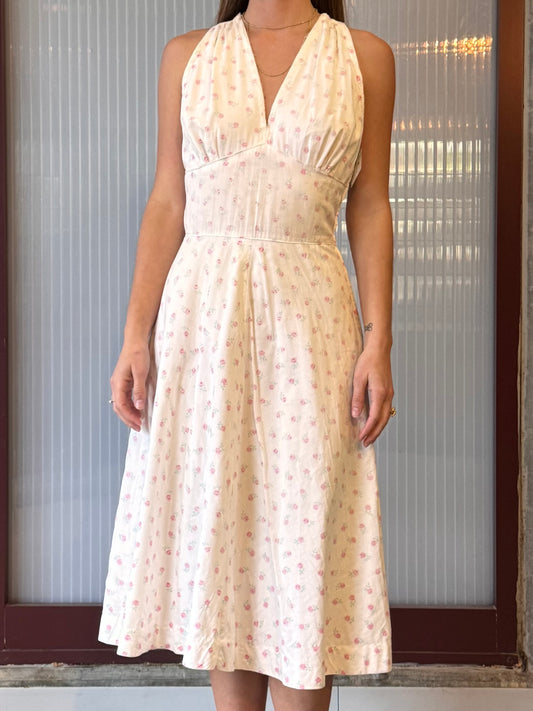 1950s White Floral Halter Dress