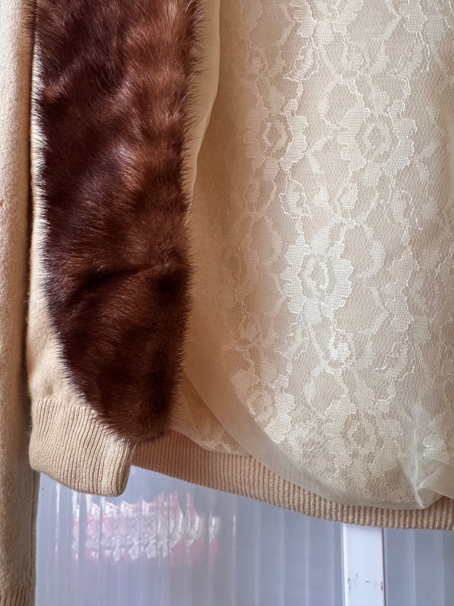 1950s Brown Fur Collar Tan Knit Sweater