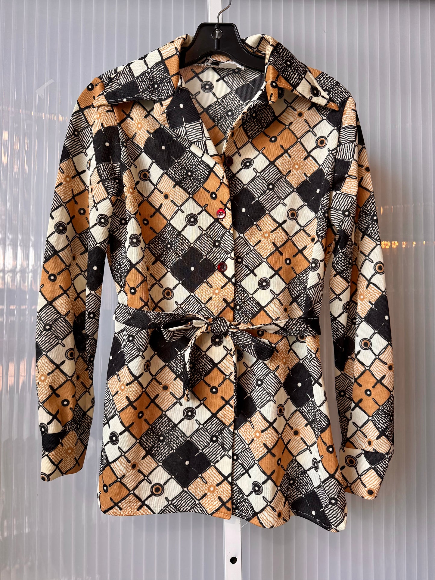 1970s Brown & Orange Groovy Pattern Pants & Shirt Set