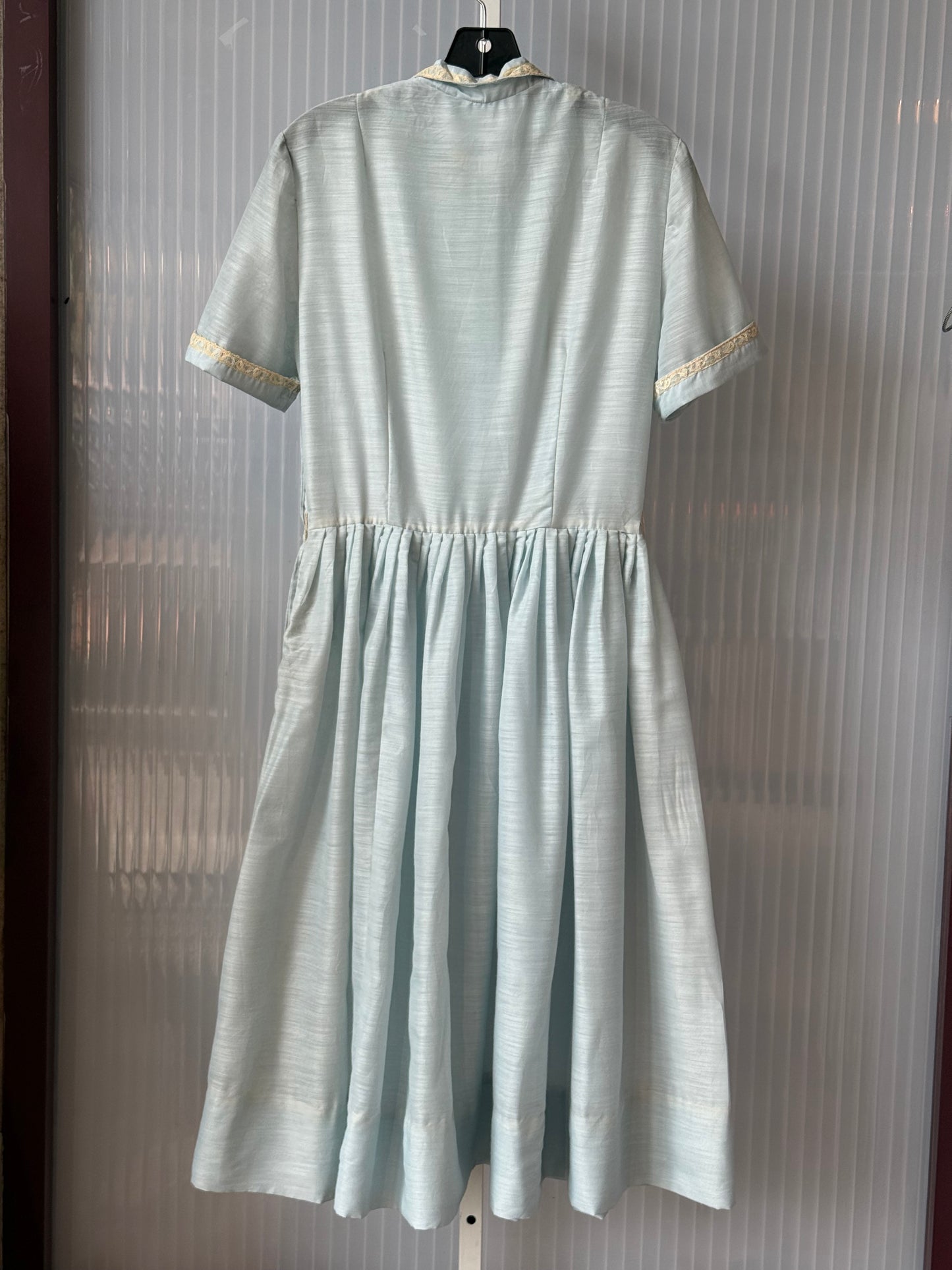 1950s Light Blue Sheer Shirtwaist Dress w/ Cream Lace Accent