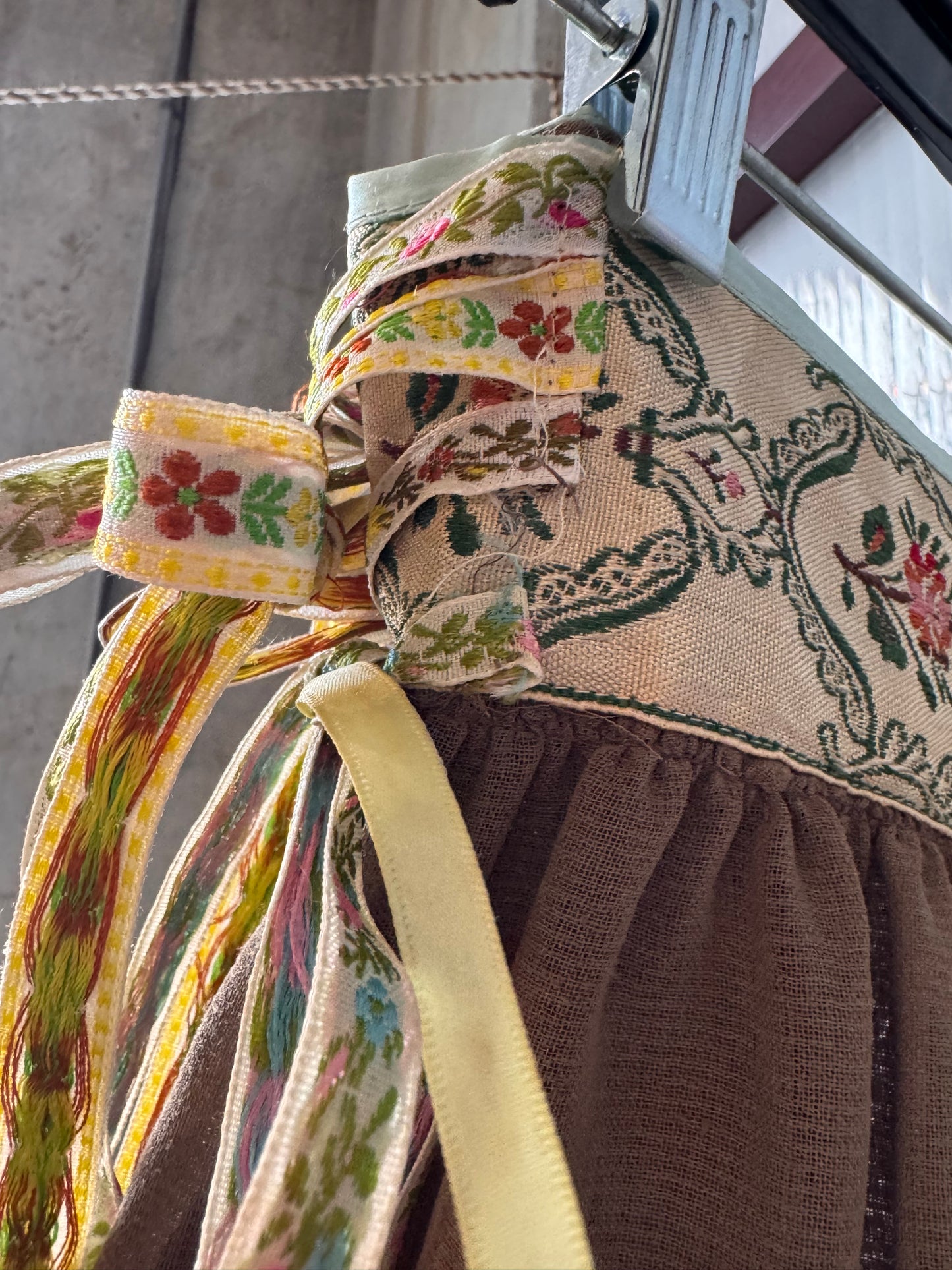 1970s Olive Green Hippie Skirt with Floral Ribbon