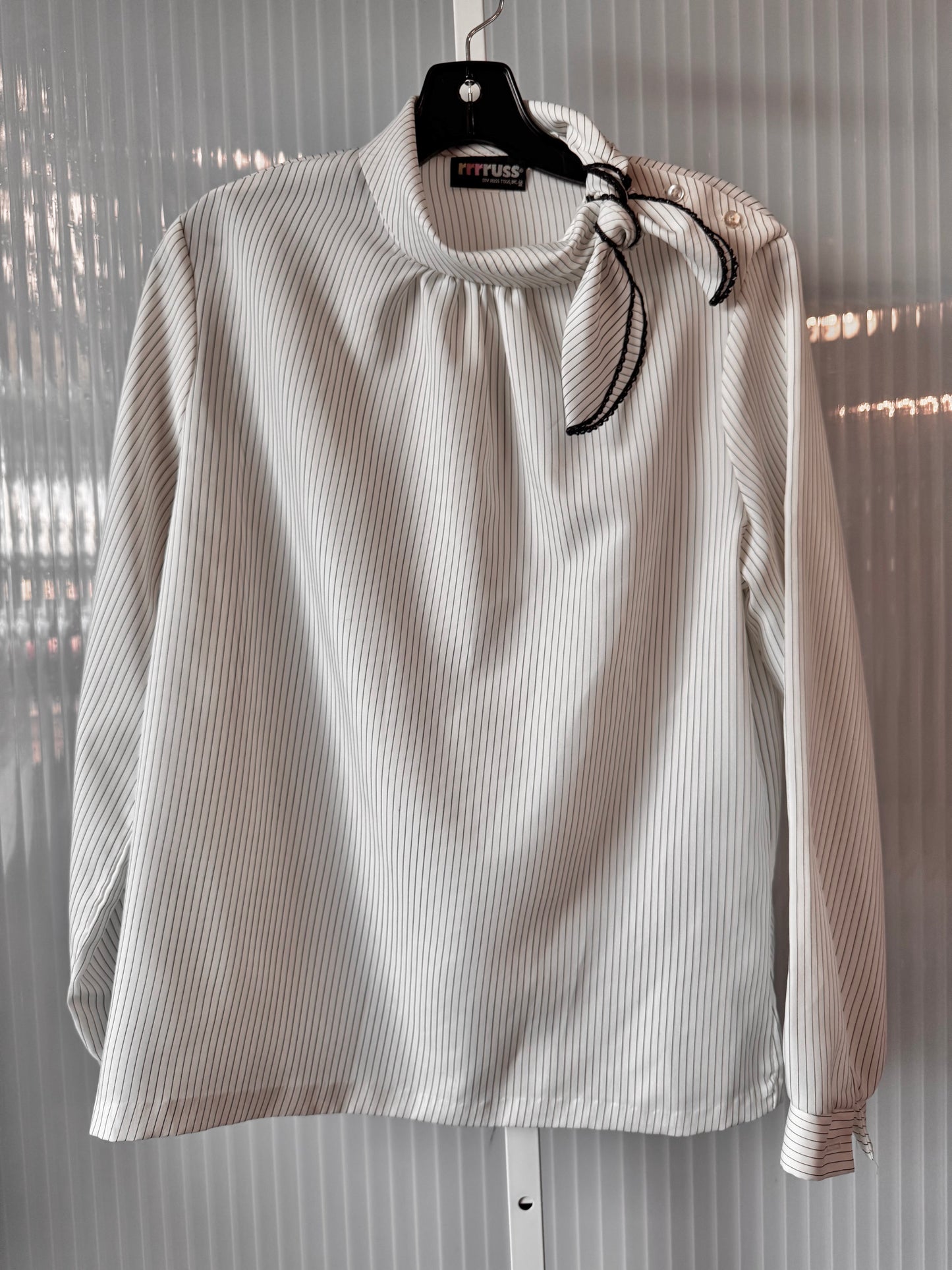 1980s White & Black Pinstripe Mock-neck Blouse