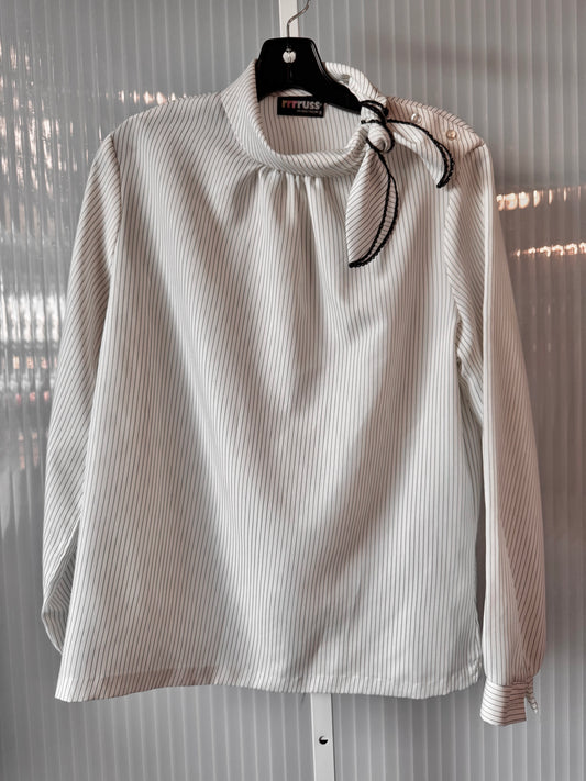 1980s White & Black Pinstripe Mock-neck Blouse