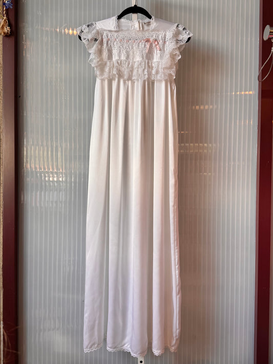 1970s Neiman Marcus White Satin & Lace Nightgown