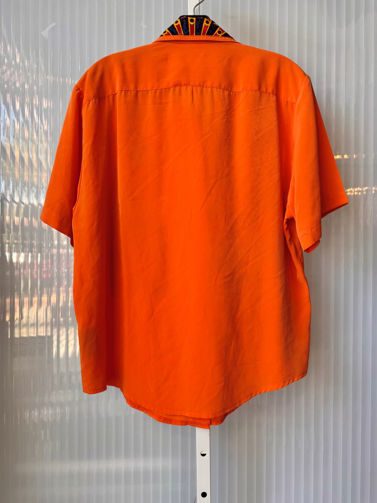 1990s Bright Orange Blouse w/ Ornate Tropical Silk Panels
