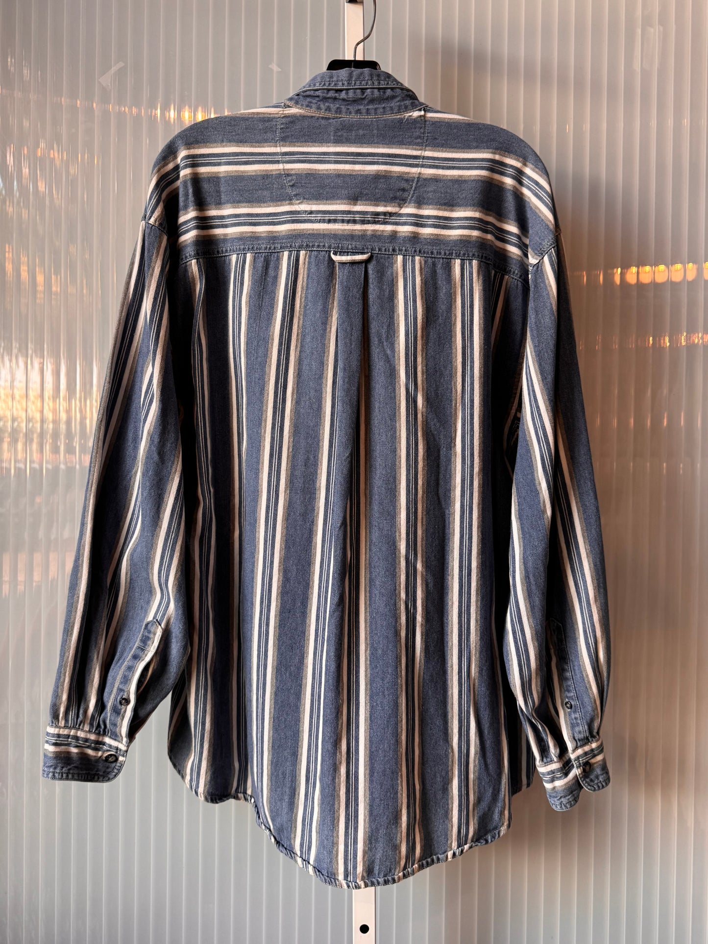 1990s Blue White & Gray Striped Button-Down Shirt