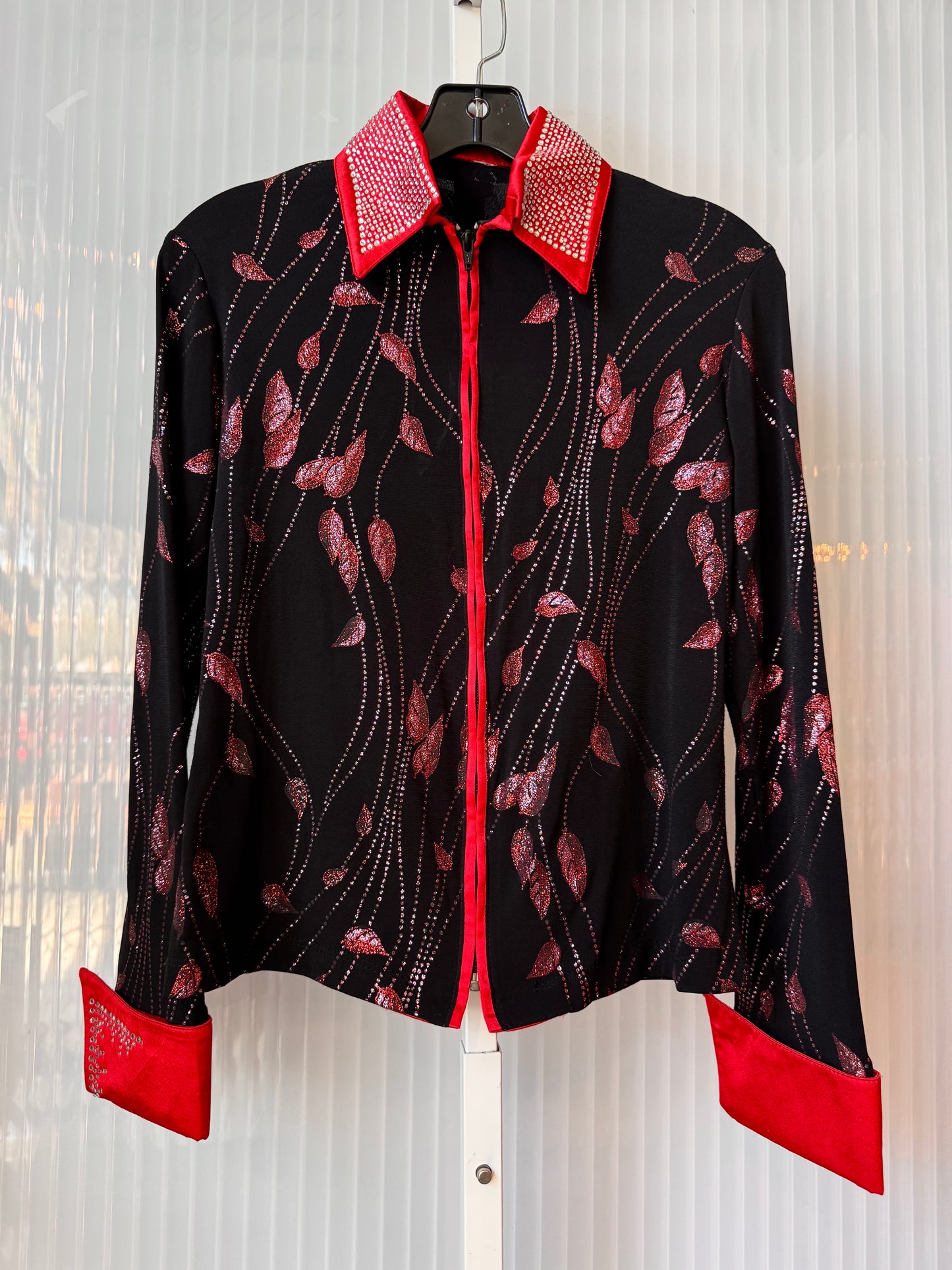 Glitzy Rhinestone Zip-Up Jacket w/ Pointed Collar