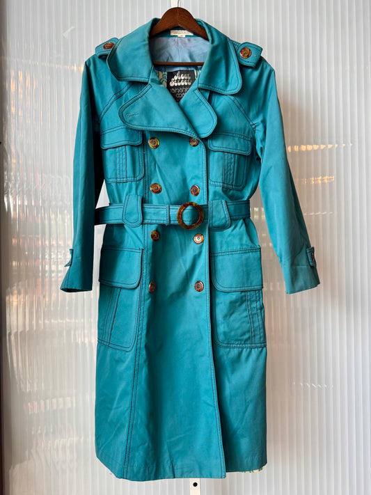 1970s Groovy Teal Trench Coat w/ Contrast Stitching