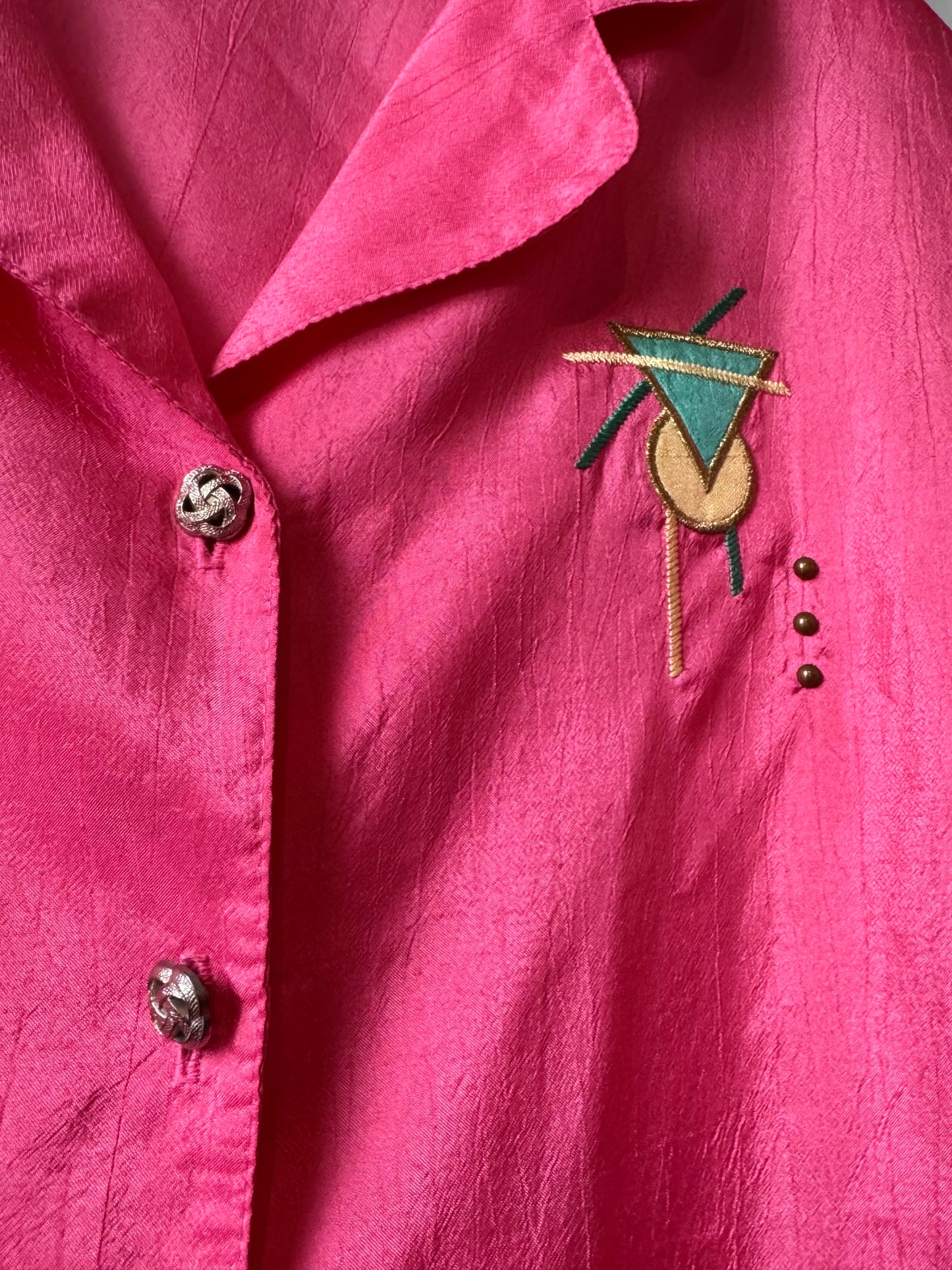 1980s Hot Pink Button Up Shirt with Geometric Embroidery