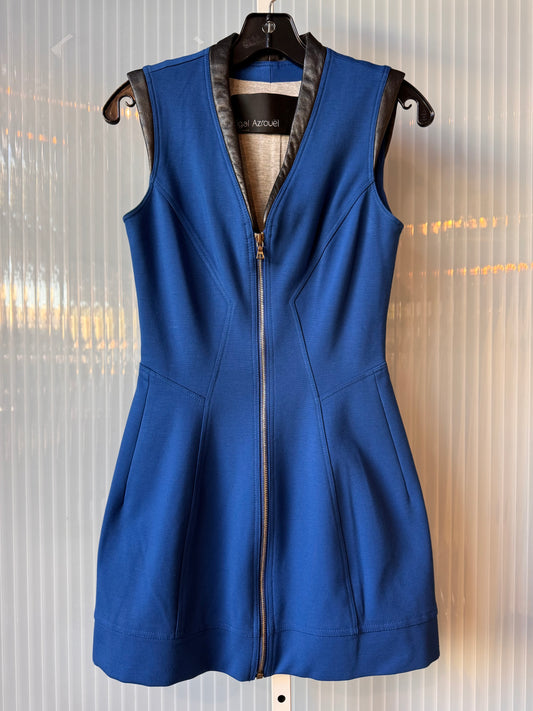 Blue Sleeveless Mini Dress with Leather Trim