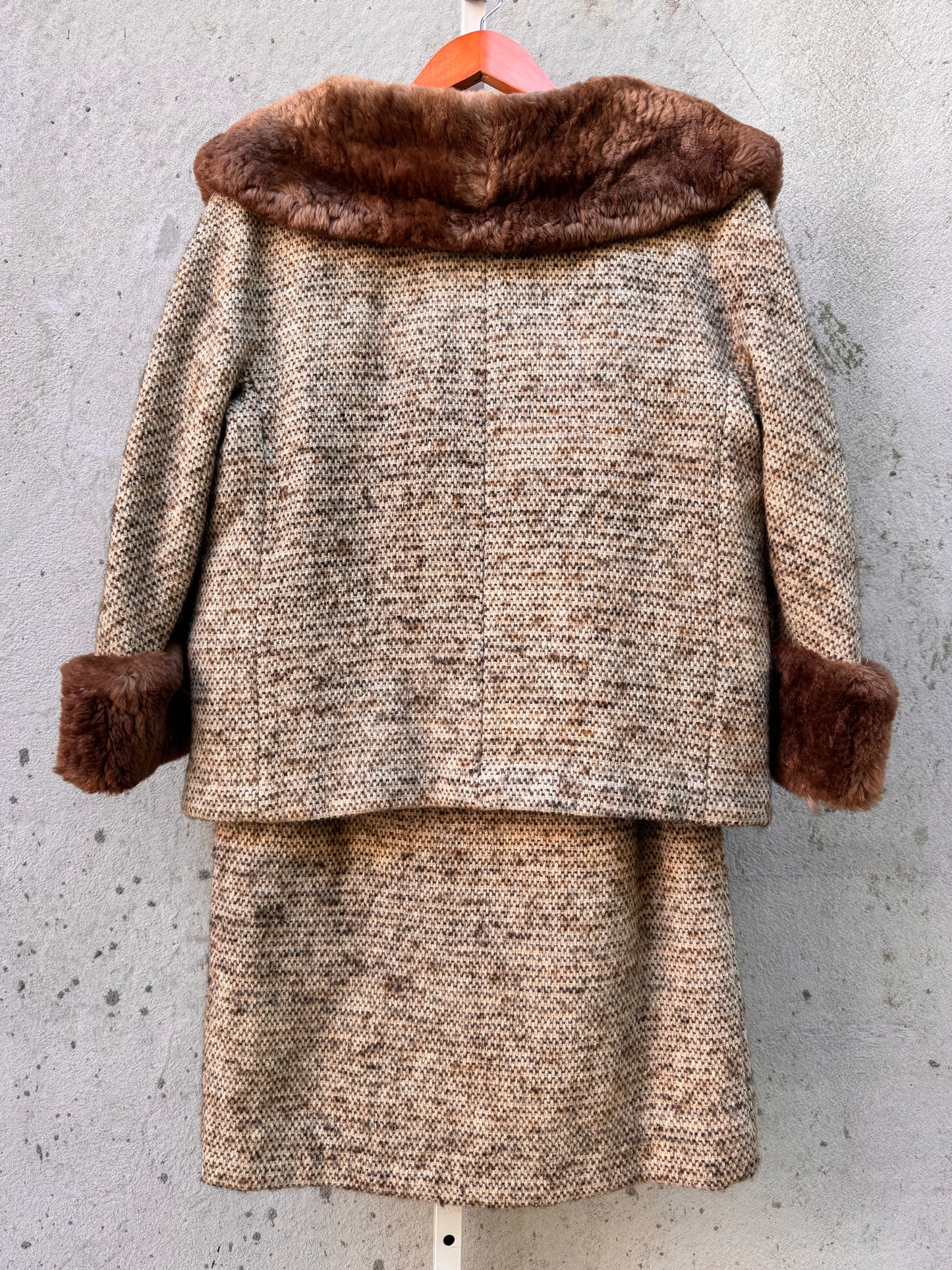 Wool Coat & Skirt Set with Fur Collar & Cuffs