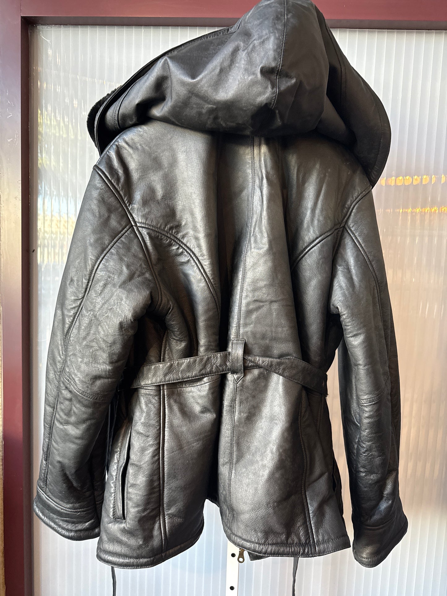 1990s Black Wilson’s Leather Zip-Up Jacket with Hood and Faux Fur Lining