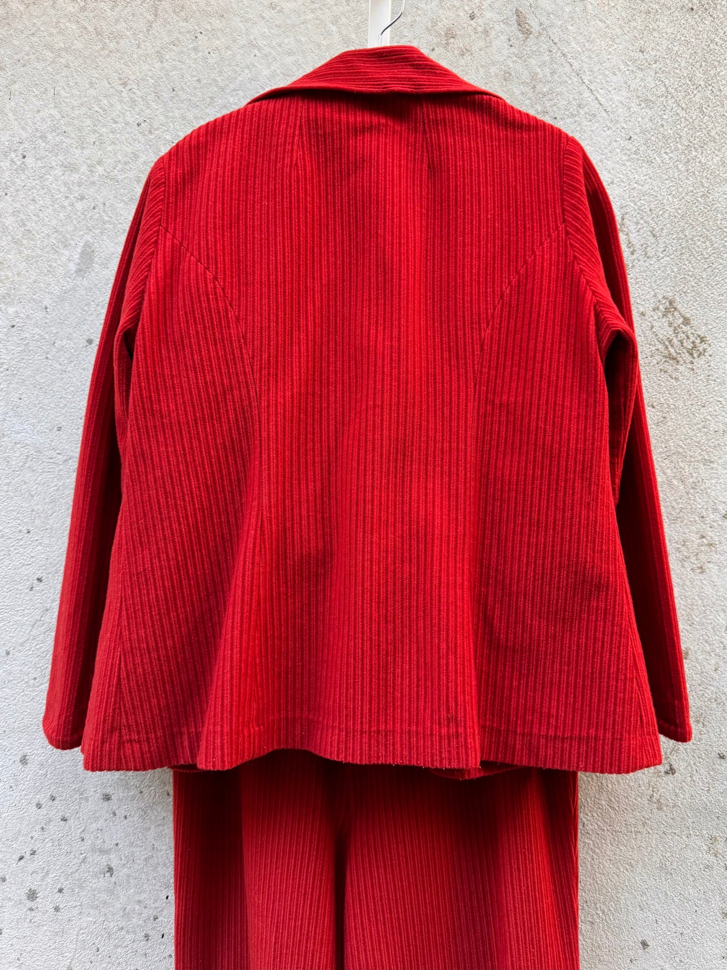 1970s Red Orange Velvety Corduroy Jacket Vest & Pants Set