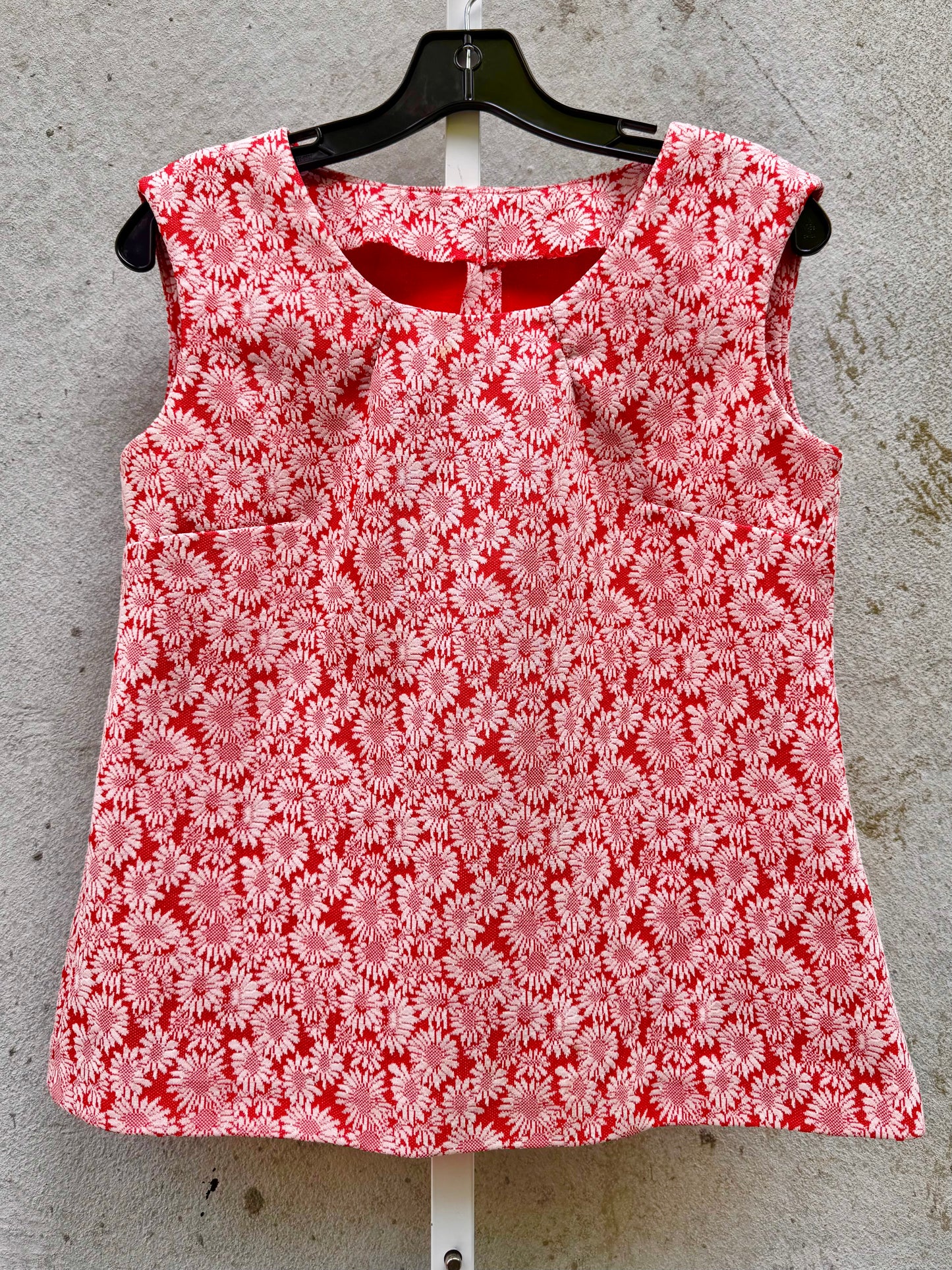 1960s Red-Orange & White Floral Polyknit Top