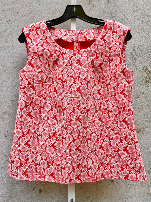 1960s Red-Orange & White Floral Polyknit Top