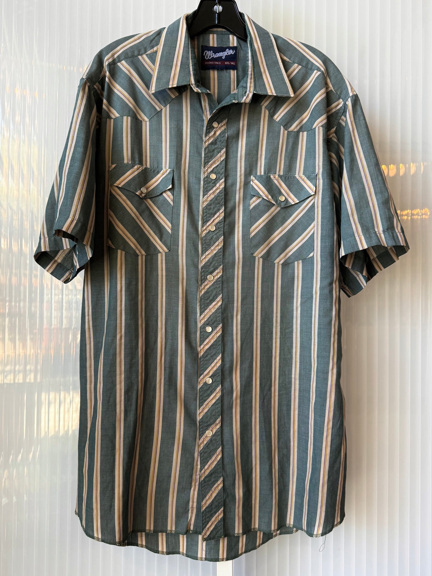 1990s Wrangler Green & Tan Striped Pearl Snap Shirt