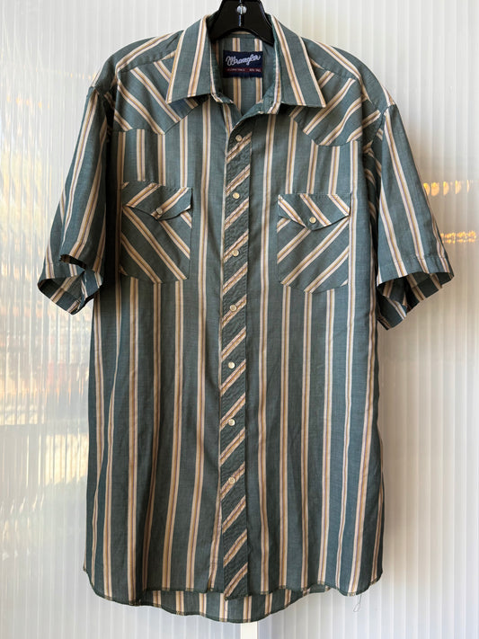 1990s Wrangler Green & Tan Striped Pearl Snap Shirt